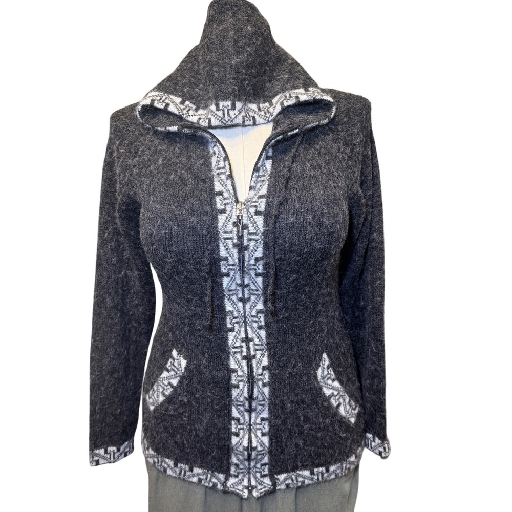 The Alpaca Connection Handmade Peru Zip Up Hooded Cardigan Sweater Grey XL